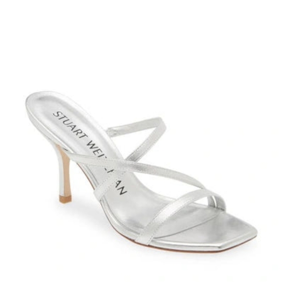 STUART WEITZMAN Womens Silver Strapeze 85 Open Stiletto Heeled Sandal 6B - Picture 1 of 11